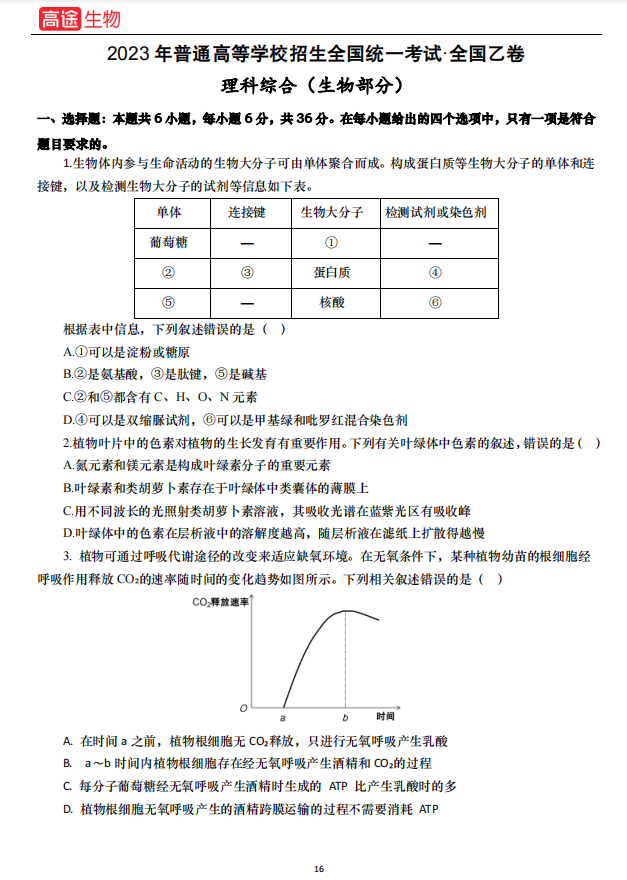 高考全国乙卷理综真题及答案（物化生三科汇总）