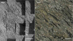 左图是精神号的显微照像仪的马赛克照片，，显示了深色对角线排列特征带有火焰状的形状，火焰状可能是扁平的浮石碎片，称为火焰石fiamme，其中包括浅色晶体白色长