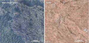 左图为假色照片显示火星Nili Fossae地区富含橄榄石的岩层与右图地球上熔接凝灰岩真彩色的对照。</p><p></p><p>右图裂痕是冷缩节理，与左图中的非常相似。</p><p></p><p>图片HiR